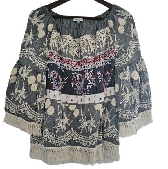 Top John Mark Chambray Boho Con Frange – Taglia 2X Blu, Nuovo Con Etichette - Foto 3